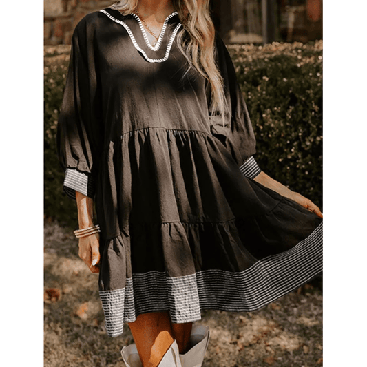 Kesha Black Contrast Stitched V Neck 3/4 Sleeve Tiered Mini Dress