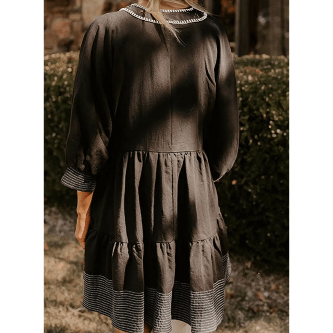Kesha Black Contrast Stitched V Neck 3/4 Sleeve Tiered Mini Dress