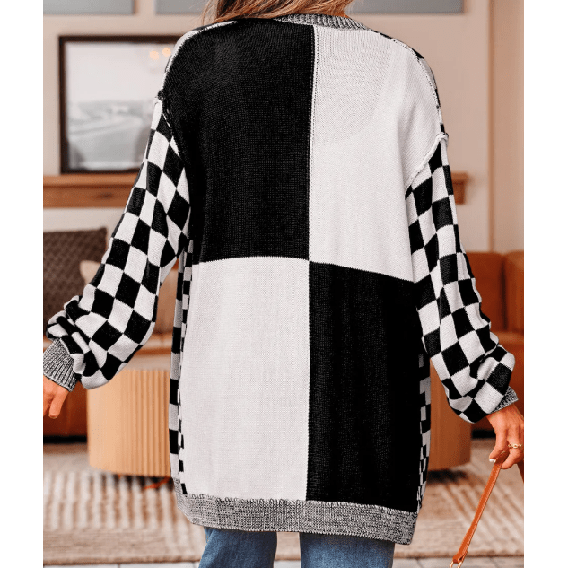 Cammie Black Checkered Open Front Drop Shoulder Cardigan