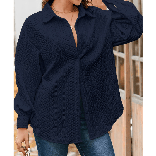 Maddox  Navy Cable Texture Puff Sleeve Loose Shacket