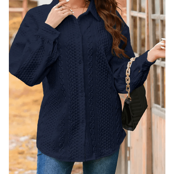 Maddox Navy Cable Texture Puff Sleeve Loose Shacket