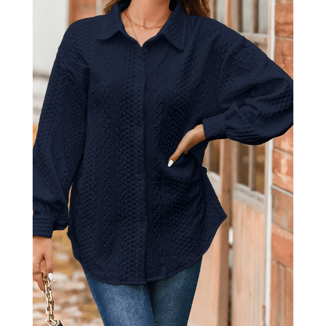Maddox Navy Cable Texture Puff Sleeve Loose Shacket