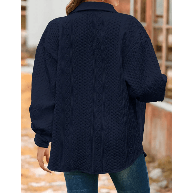 Maddox Navy Cable Texture Puff Sleeve Loose Shacket