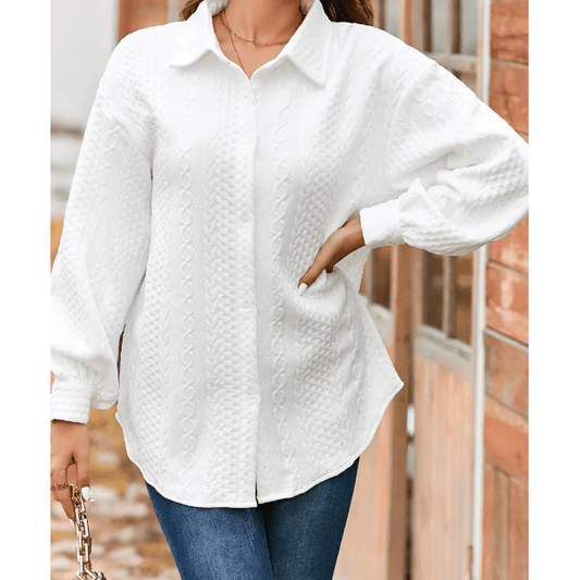 Maddox White Cable Texture Puff Sleeve Loose Shacket