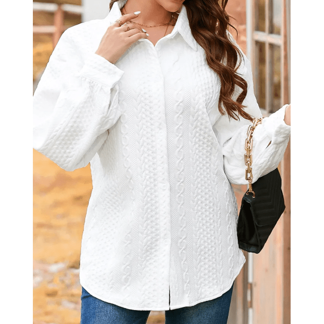 Maddox White Cable Texture Puff Sleeve Loose Shacket