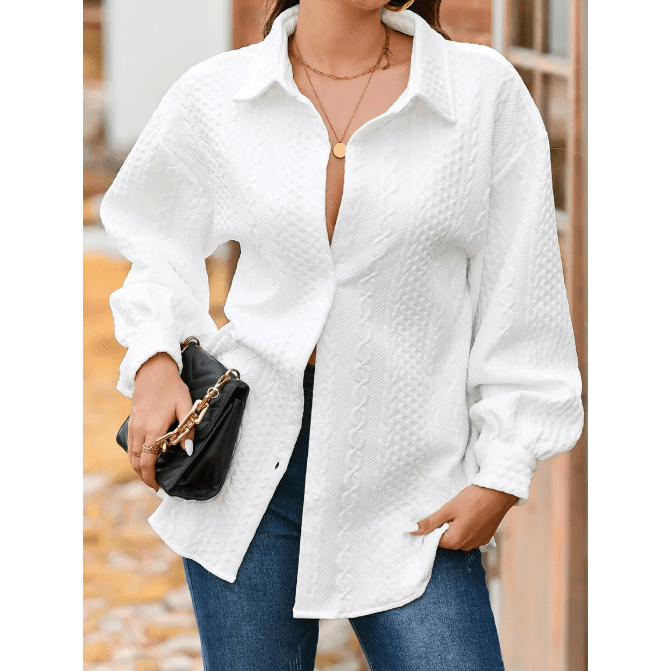 Maddox White Cable Texture Puff Sleeve Loose Shacket