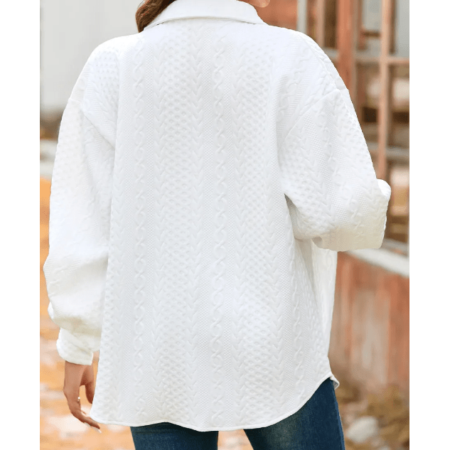Maddox White Cable Texture Puff Sleeve Loose Shacket