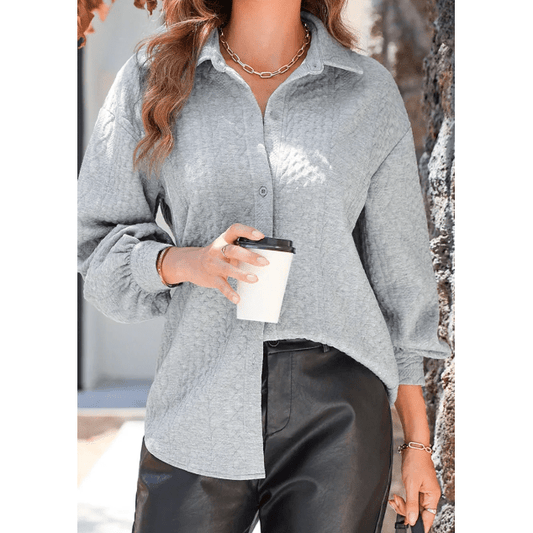 Maddox Grey Cable Texture Puff Sleeve Loose Shacket