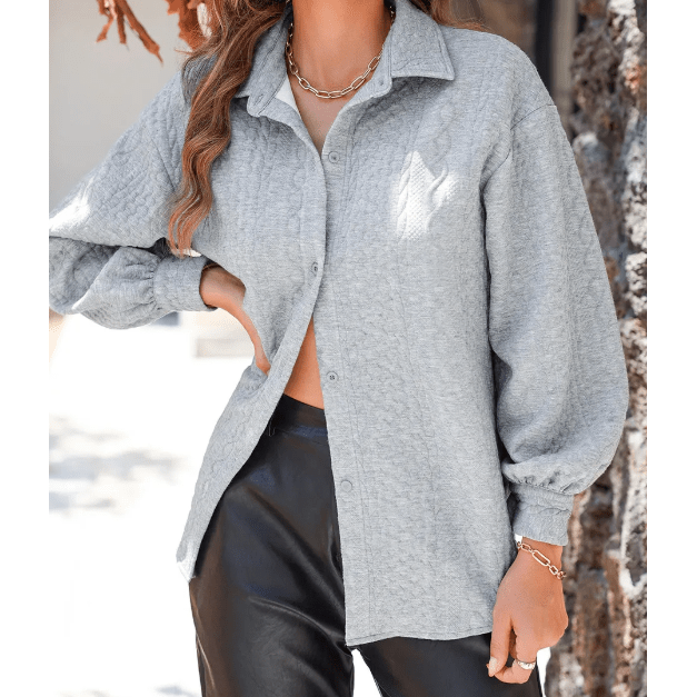 Maddox Grey Cable Texture Puff Sleeve Loose Shacket