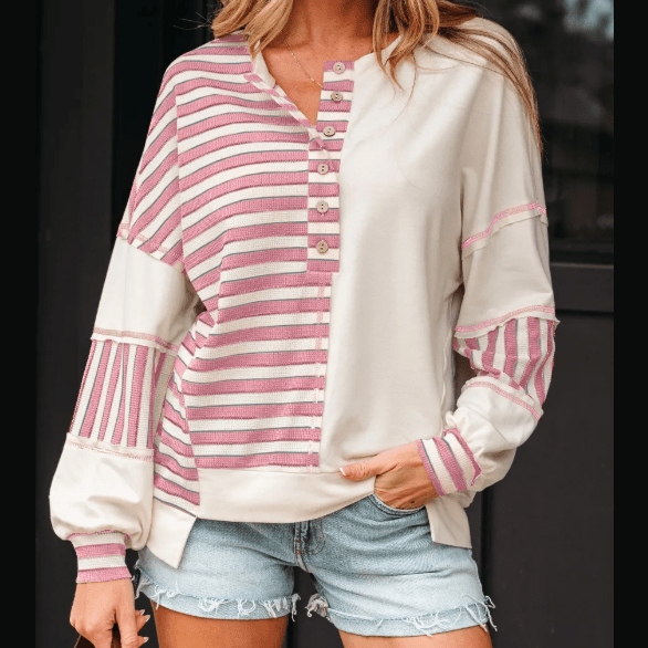 Cheyenne Pink Stripe Stitched Detail Color Block Patchwork Oversized Pullover Top