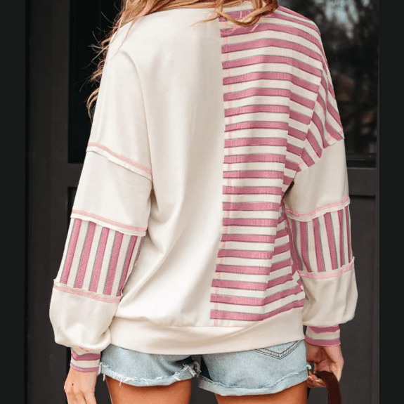 Cheyenne Pink Stripe Stitched Detail Color Block Patchwork Oversized Pullover Top