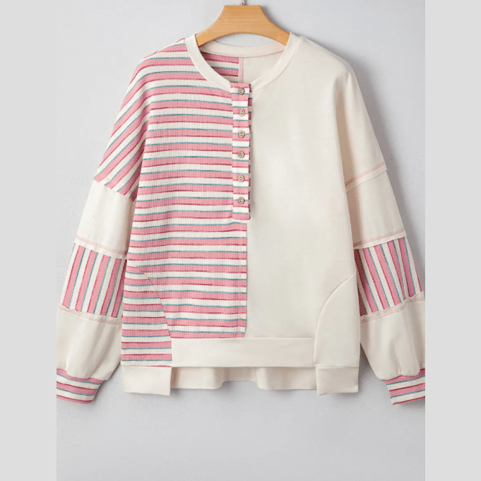 Cheyenne Pink Stripe Stitched Detail Color Block Patchwork Oversized Pullover Top