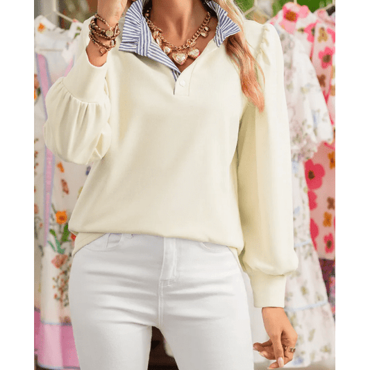 Olga White Button Striped Collar Patchwork Puff Sleeve Sweatshirt