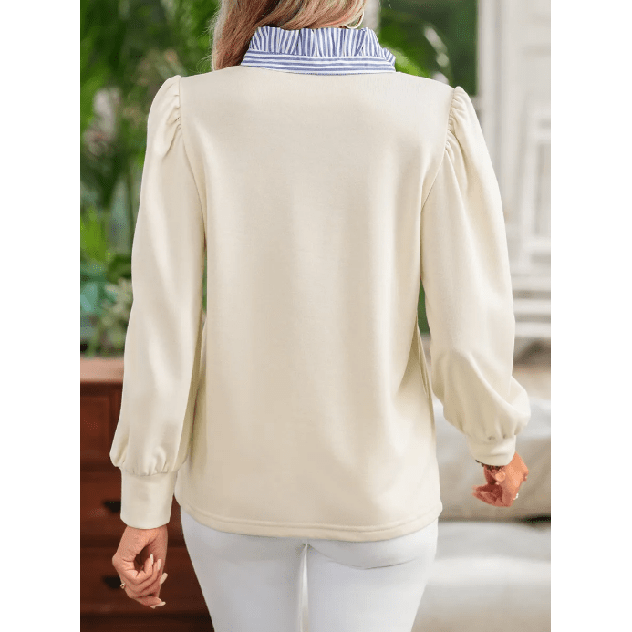 Olga White Button Striped Collar Patchwork Puff Sleeve Sweatshirt