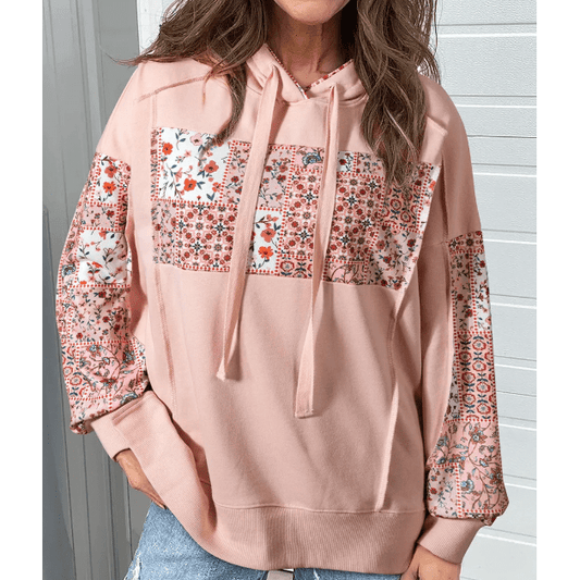 Loryn Blush Mix Floral Patchwork Side Slit Drawstring Hoodie
