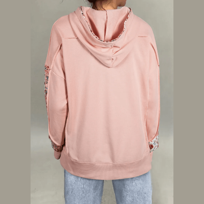 Loryn Blush Mix Floral Patchwork Side Slit Drawstring Hoodie