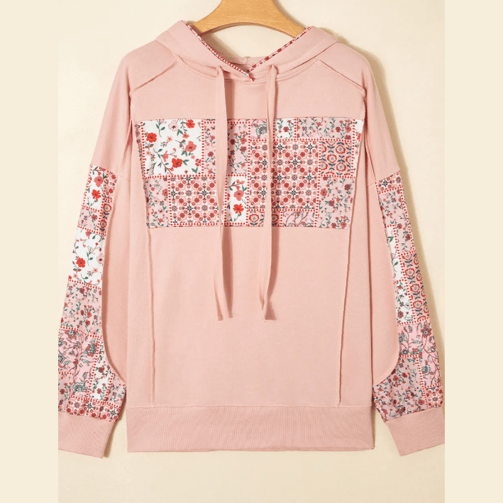 Loryn Blush Mix Floral Patchwork Side Slit Drawstring Hoodie