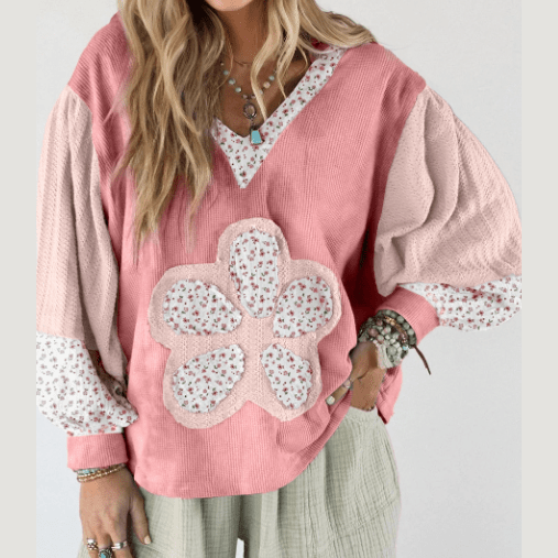 Jorda Pink Floral Patched Waffle Textured Colorblock V Neck Casual Hooded Top