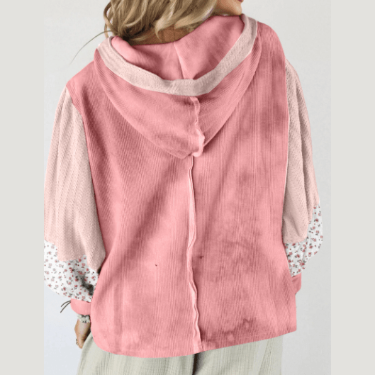 Jorda Pink Floral Patched Waffle Textured Colorblock V Neck Casual Hooded Top