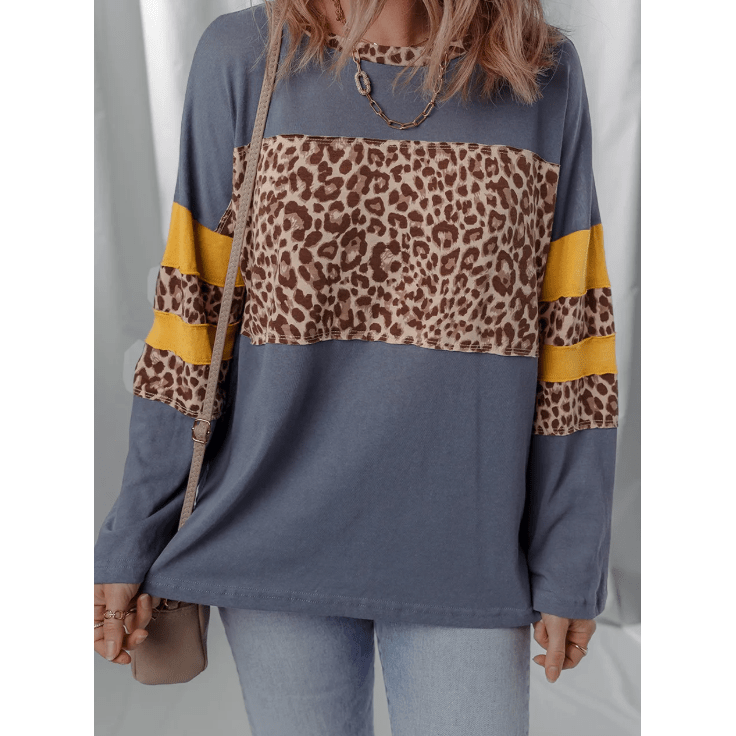 Loice Blue Leopard Colorblock Patchwork Long Sleeve Drop Shoulder Top
