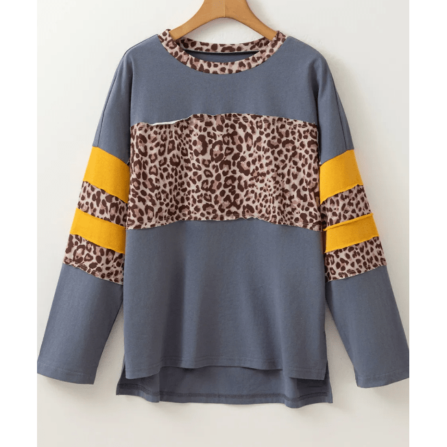 Loice Blue Leopard Colorblock Patchwork Long Sleeve Drop Shoulder Top