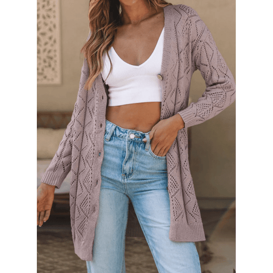 Marjorie Taupe Hollow-out Openwork Knit Cardigan