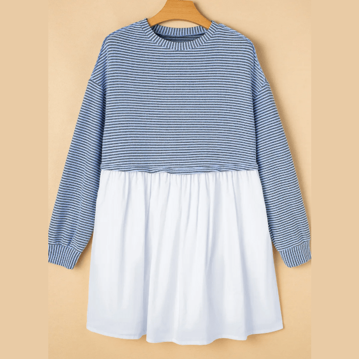 Carsten Sky Blue Stripe Patchwork Pleated High Waist Loose Mini Dress
