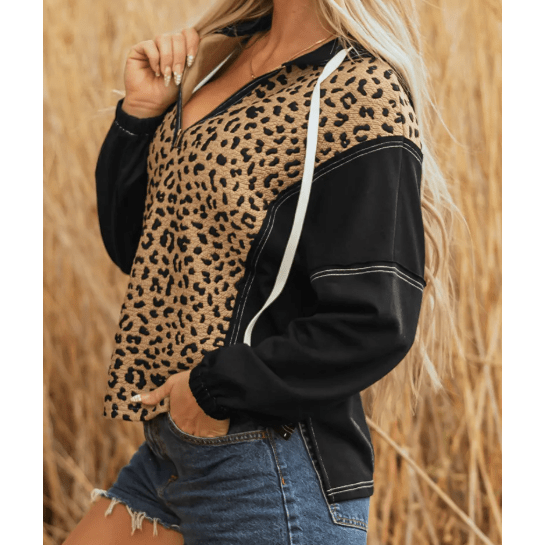 Liandra Brown Leopard Patchwork Contrast Stitching Knotted Cuff Quarter Zip Hoodie