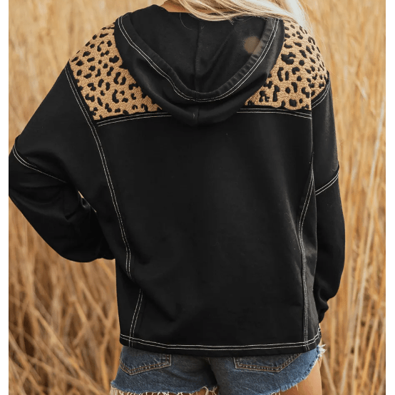 Liandra Brown Leopard Patchwork Contrast Stitching Knotted Cuff Quarter Zip Hoodie