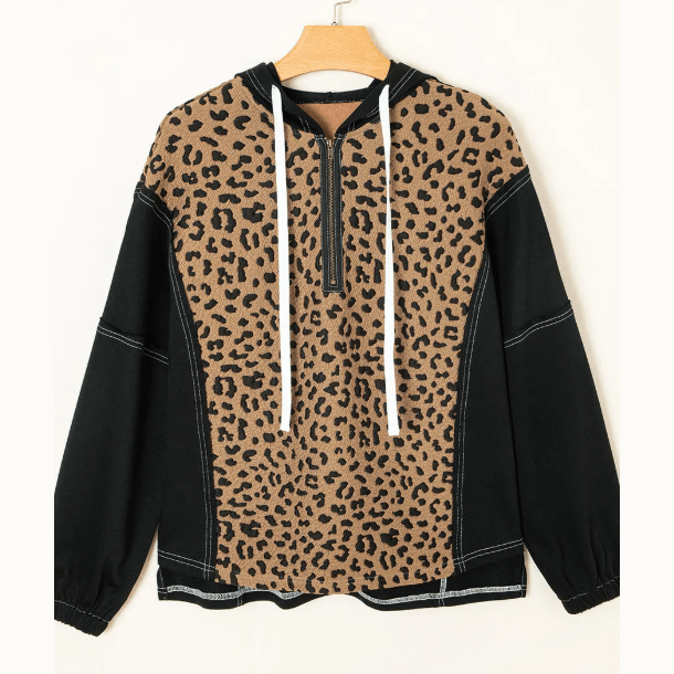 Liandra Brown Leopard Patchwork Contrast Stitching Knotted Cuff Quarter Zip Hoodie