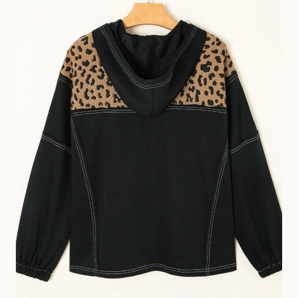 Liandra Brown Leopard Patchwork Contrast Stitching Knotted Cuff Quarter Zip Hoodie