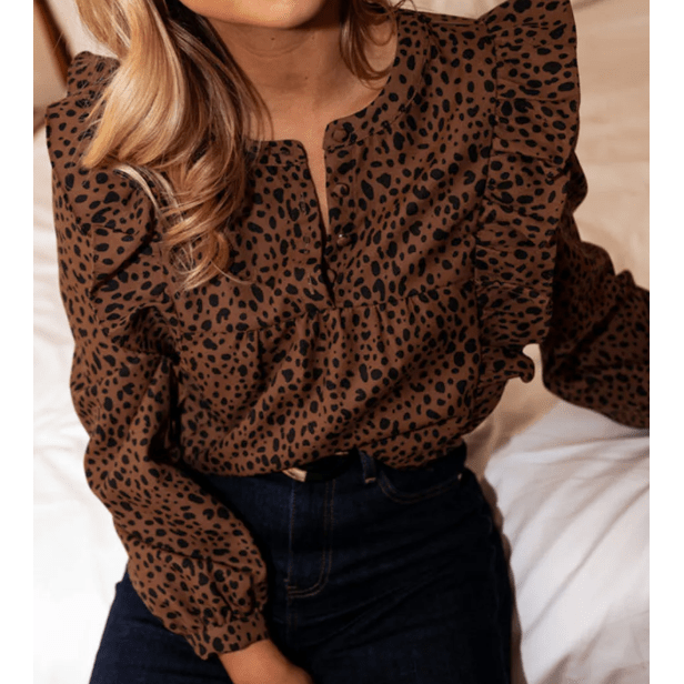 Catie Brown Leopard Print Ruffled Puff Sleeve Blouse