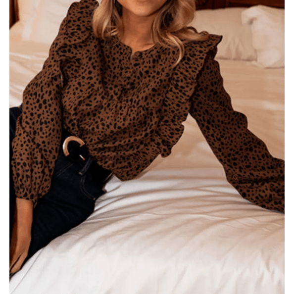 Catie Brown Leopard Print Ruffled Puff Sleeve Blouse