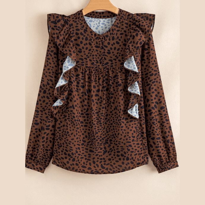 Catie Brown Leopard Print Ruffled Puff Sleeve Blouse