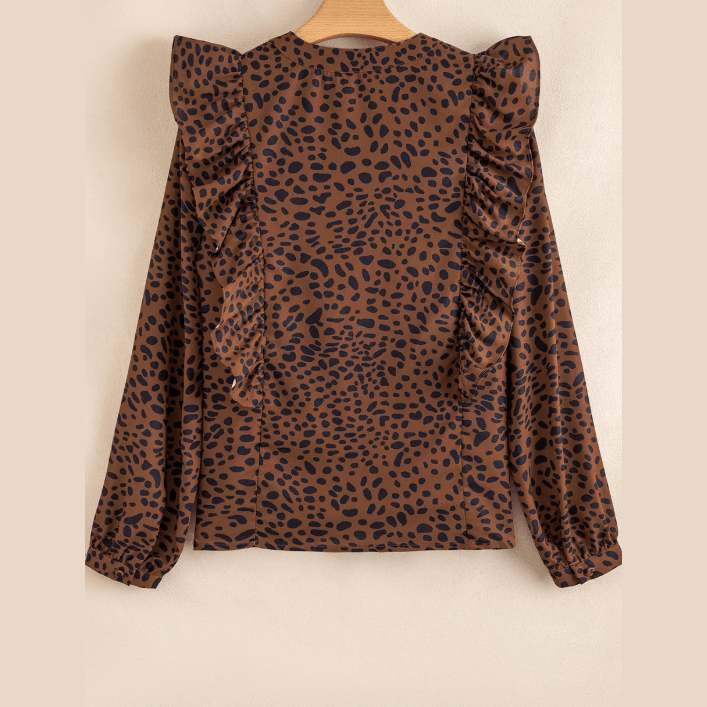 Catie Brown Leopard Print Ruffled Puff Sleeve Blouse
