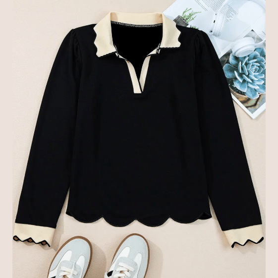 Kate Black Scallop Trim Color Block Long Sleeve Collared Top