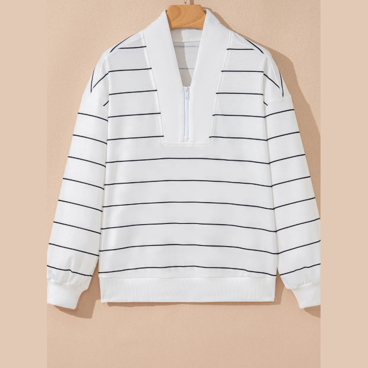 Samara White Zip V Neck Casual Stripe Print Drop Shoulder Long Sleeve Top