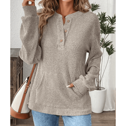 Karty Khaki Rib Textured Henley Knit Top