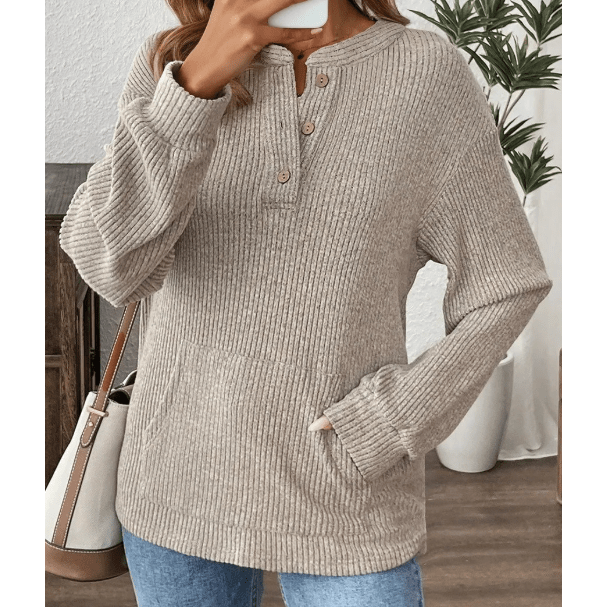 Karty Khaki Rib Textured Henley Knit Top