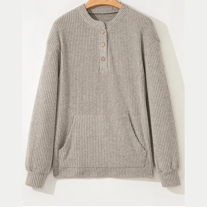 Karty Khaki Rib Textured Henley Knit Top