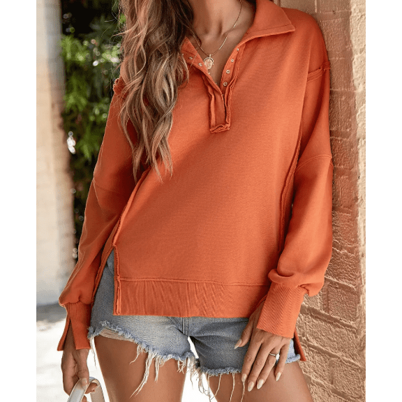 Aria Orange Buttoned Collared Raw Detail High Low Baggy Sweatshirt with Slits