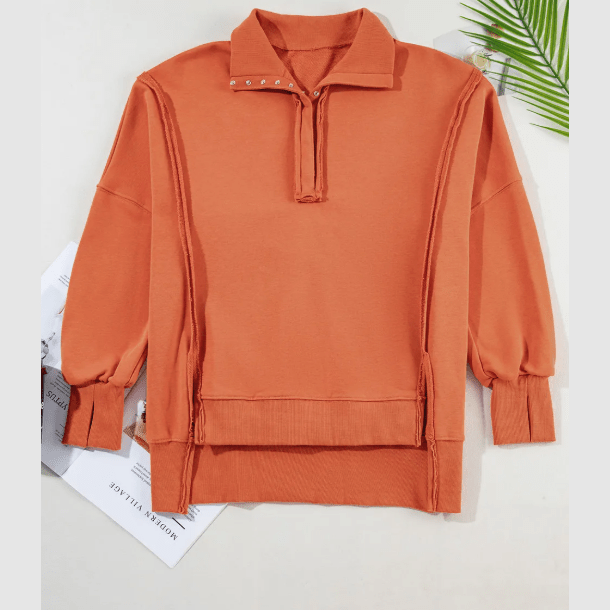 Aria Orange Buttoned Collared Raw Detail High Low Baggy Sweatshirt with Slits