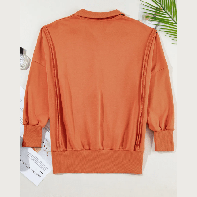 Aria Orange Buttoned Collared Raw Detail High Low Baggy Sweatshirt with Slits