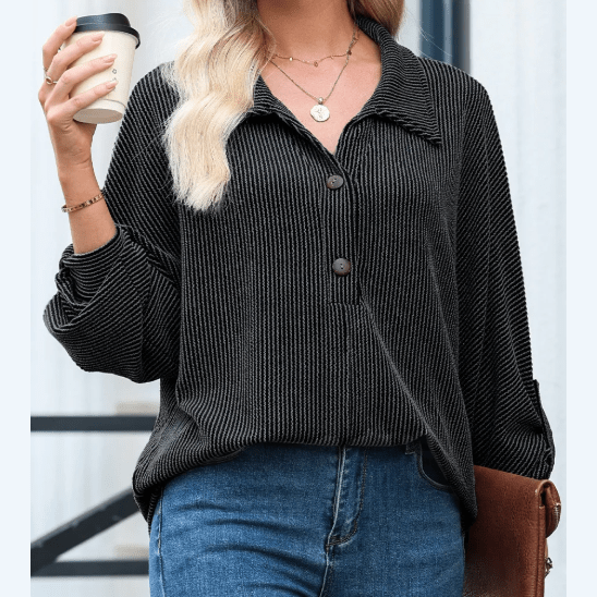 Celina Black Oversized Twist Ribbed Collared Henley Top with Roll up Sleeve