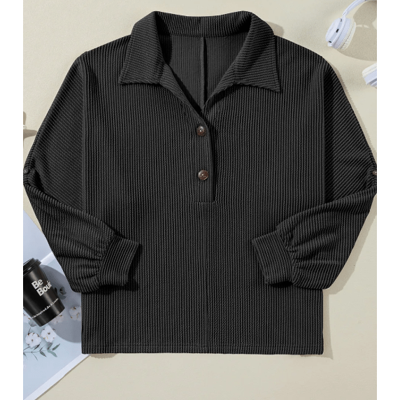 Celina Black Oversized Twist Ribbed Collared Henley Top with Roll up Sleeve