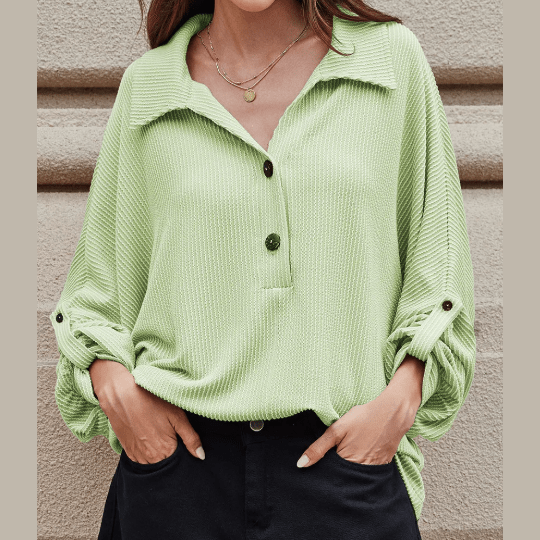 Celina Green Oversized Twist Ribbed Collared Henley Top with Roll up Sleeve