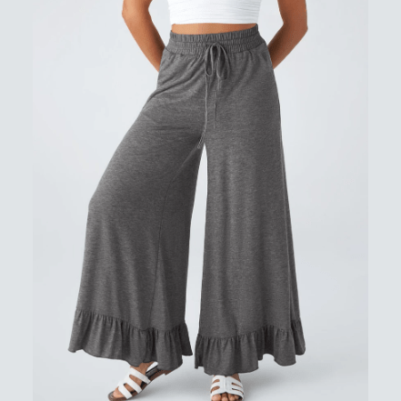 Kendria Grey Ruffled Wide Leg Pull On High Waist Pants with Pockets
