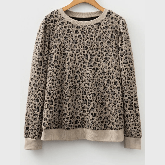 Brixley Khaki Ribbed Trim Leopard Print Long Sleeve Top