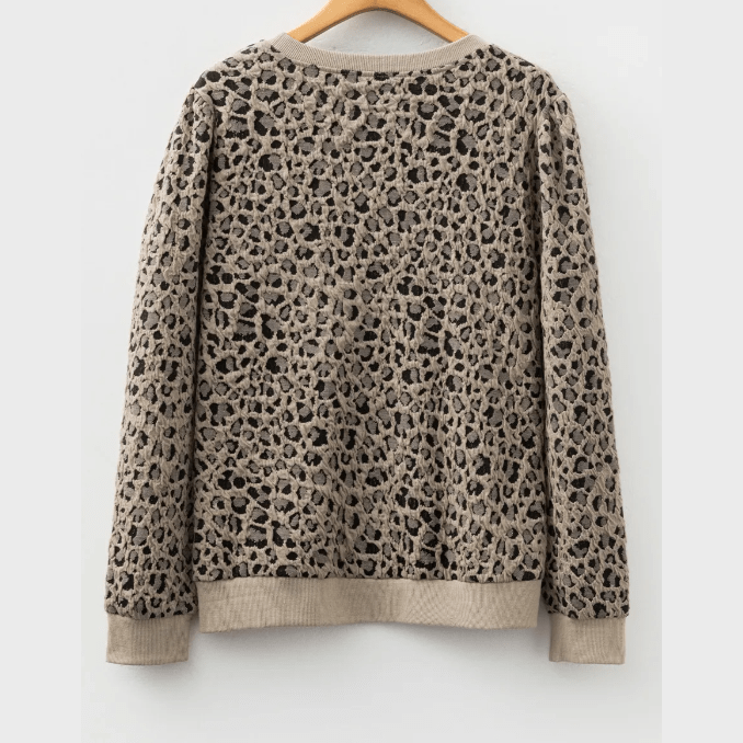Brixley Khaki Ribbed Trim Leopard Print Long Sleeve Top