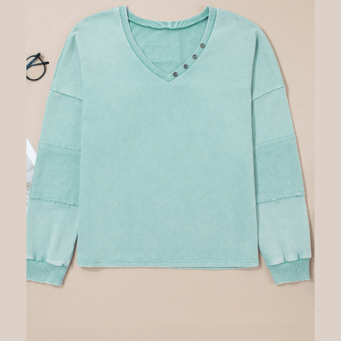 Skylee Mist Blue Mineral Wash Exposed Seam Buttoned V Neck Pullover Top